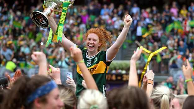Kerry's Louise Ní Mhuircheartaigh pictured with the Brendan Martin Cup after the All-Ireland Ladies Football Senior Final. Photo by Ray McManus/Sportsfile