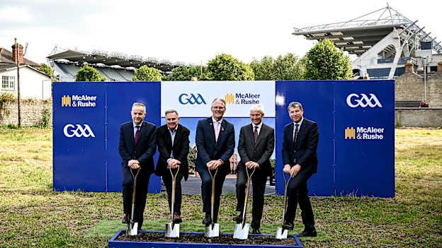 McAleer & Rushe Managing Director Martin Magee, Croke Park Stadium Director Peter McKenna, Uachtarán Chumann Lúthchleas Gael Jarlath Burns, Dalata Chief Executive Officer Dermot Crowley and Dalata Corporate Development Director Shane Casserly during a sod turning ceremony to mark the construction of a new hotel at Clonliffe College.