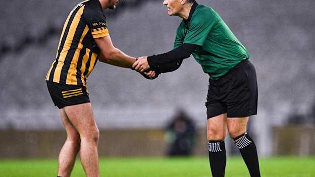 Referee Maurice Deegan shakes hands with Joseph Moran of The Downs, after Deegan's last match to referee in Croke Park, in the 2022 AIB Leinster GAA Football Senior Club Championship Final match between Kilmacud Crokes of Dublin and The Downs of Westmeath at Croke Park in Dublin. Photo by Piaras Ó Mídheach/Sportsfile.
