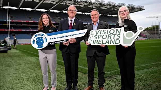Croke Park today launched their Audio Descriptive Commentary in association with Vision Sports Ireland. In attendence at the launch, are, Uachtarán Chumann Lúthchleas Gael Jarlath Burns, Croke Park Stadium Director Peter McKenna, Rosie Keogh, Operations and Communications Co-Ordinator at Vision Sports Ireland, left, and Sara McFadden, Partnerships and Operations Co-Ordinator, Vision Sports Ireland. Photo by David Fitzgerald/Sportsfile.