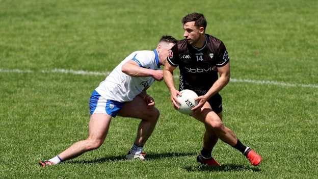 Niall Murphy of Sligo in action against Conor Ó Cuirrín of Waterford during the Tailteann Cup round 2 match between Waterford and Sligo at Cappoquin Logistics Fraher Field in Dungarvan, Waterford. Photo by Michael P Ryan/Sportsfile.