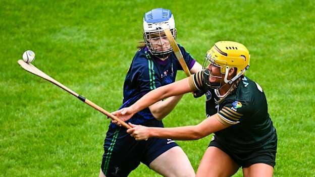 Dearbhla Magee of Ireland in action against Alana MacLennan of Scotland during the 2026 Camogie/Shinty International match between Ireland and Scotland at SuperValu Páirc Uí Chaoimh in Cork. Photo by Piaras Ó Mídheach/Sportsfilen