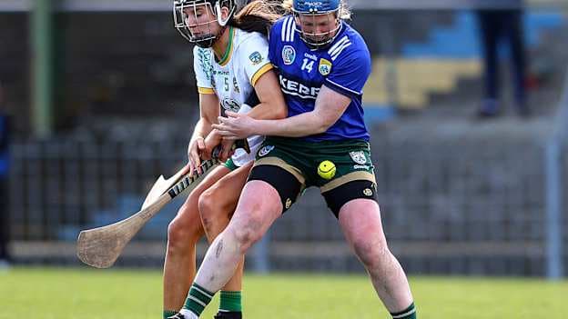 Meath's Leah Devine and Kerry's Laura Collins challenge for the ball in the 2026 CEntra Camogie League Division 2AFinal. ©INPHO/Tom O’Hanlon