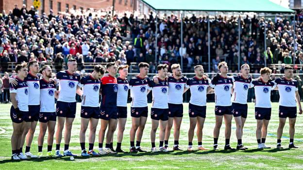 The New York team stand for the national anthems before the Connacht GAA Football Senior Championship quarter-final match between New York and Mayo at Gaelic Park in New York, USA. Photo by Sam Barnes/Sportsfile