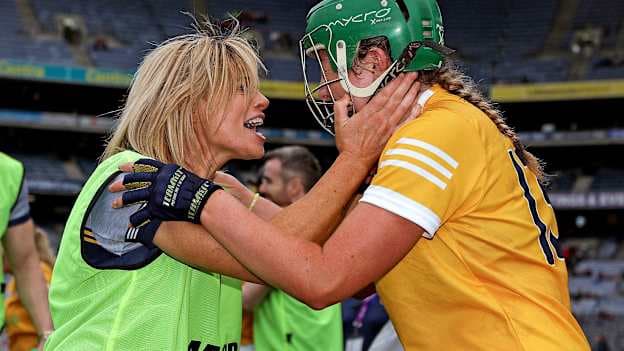 Antrim’s Roisin McCormick and Elaine Dowds celebrate after victory over Kilkenny in the 2021 AIB All-Ireland Intermediate Camogie Final.  Photo: ©INPHO/Brian Reilly-Troy.
