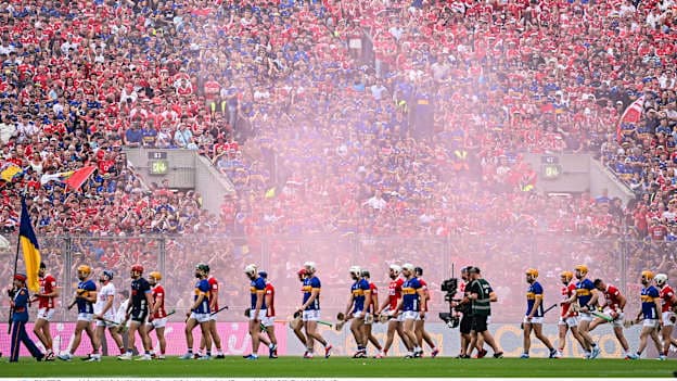 Players parade before the 2025 GAA Hurling All-Ireland Senior Championship final match between Cork and Tipperary at Croke Park in Dublin. Photo by Seb Daly/Sportsfile.