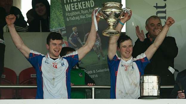 Joint captains Darragh Corry, left, and Richie English, right, Mary Immaculate College Limerick, lift the cup after the game. Independent.ie Fitzgibbon Cup Final, Mary Immaculate College Limerick v University of Limerick, Cork IT, Cork. Picture credit: Eóin Noonan / SPORTSFILE.