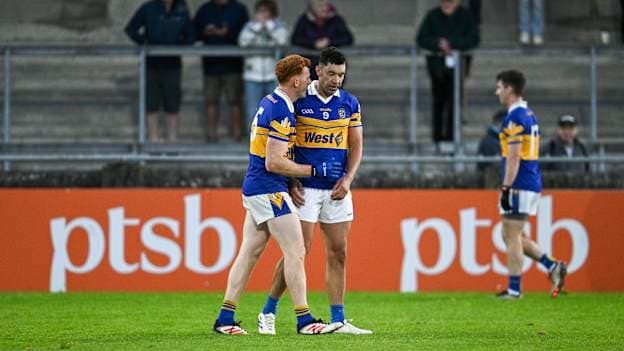 Rob Shaw and Kevin Stephenson of Castleknock celebrate after the Dublin County Senior Club Football Championship semi-final match between Thomas Davis and Castleknock at Parnell Park in Dublin. Photo by Paul Phelan/Sportsfile.