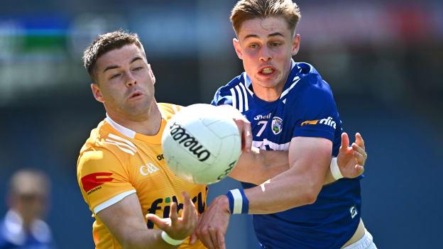 Simon Fingleton, Laois, and Patrick McBride, Antrim, in Tailteann Cup action at Croke Park. Photo by Piaras Ó Mídheach/Sportsfile