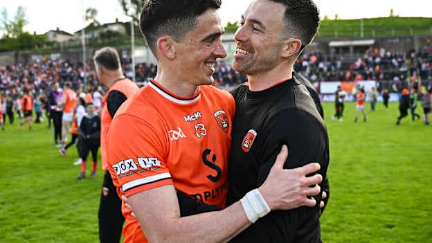 Rory Grugan and Aidan Forker celebrate following Armagh's 2025 Ulster SFC Semi-Final win over Tyrone. Photo by Seb Daly/Sportsfile