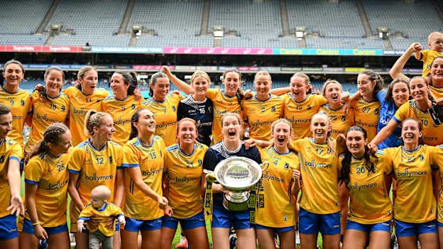 Roscommon players, including captain Helena Cummins, centre, celebrate after their side's victory in the LGFA TG4 All-Ireland Intermediate Championship final match between Fermanagh and Roscommon at Croke Park in Dublin. Photo by Shauna Clinton/Sportsfile.
