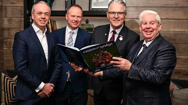 Uachtarán Chumann Lúthchleas Gael Jarlath Burns with, from left, Mazars Managing Partner Tom O’Brien, GAA Director of Communications Alan Milton and Sportsfile photographer Ray McManus at the launch of A Season of Sundays 2024 at The Croke Park Hotel in Dublin. Photo by David Fitzgerald/Sportsfile.