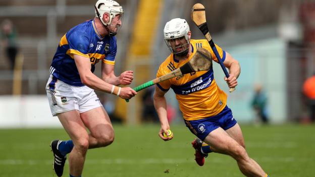 Aidan McCarthy, Clare,  and Eoghan Connolly, Tipperary, in Munster SHC action. Photo by Michael P Ryan/Sportsfile