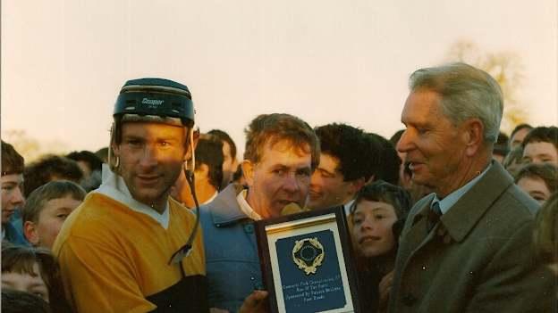 Frank Carty accepts the man of match award after Four Roads defeated Pádraig Pearses in the 1988 Roscommon Senior Hurling final. 