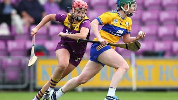 2026 Glen Dimplex All-Ireland Senior Camogie Championship Group 1, Chadwicks Wexford Park, Wexford 30/5/2026 Wexford vs ClareClare's Niamh Mulqueen and Wexford's Anais Curran. Mandatory Credit ©INPHO/Stephen Heaney