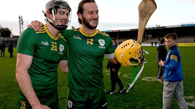 Gerard Walsh and Tom Morrissey of Ireland celebrate after the Shinty International match between Ireland and Scotland at Cusack Park in Ennis, Clare. Photo by Ray McManus/Sportsfile.
