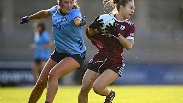 Aoife Ní Cheallaigh, Galway, and Niamh Hetherton, Dublin, in action at Parnell Park. Photo by Seb Daly/Sportsfile