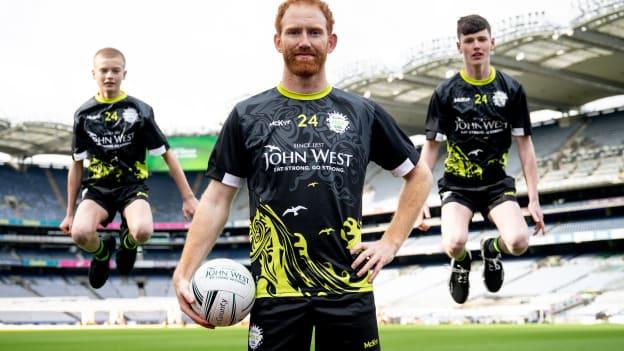 John West Féile Ambassador and Derry footballer Conor Glass with James Cullen of Whitehall Colmcille, and Jack Henry of Lucan Sarsfields, during the launch of the John West Féile 2024 at Croke Park in Dublin. Photo by Ramsey Cardy/Sportsfile.