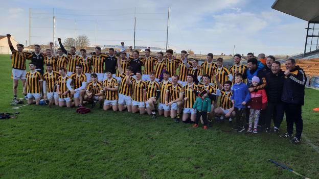 Tullogher Rosbercon celebrate after winning the 2023 Kilkenny Junior Hurling Final.