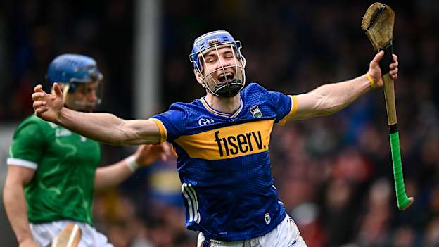 John McGrath of Tipperary celebrates after scoring his side's second goal during the Munster GAA Hurling Senior Championship Round 1 match between Tipperary and Limerick at FBD Semple Stadium in Thurles, Tipperary. Photo by Seb Daly/Sportsfile.
