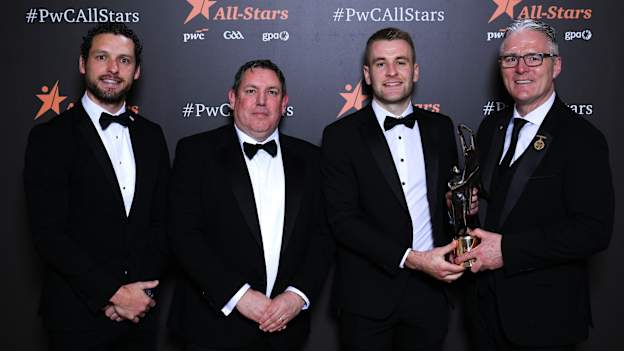 PwC GAA/GPA Hurler of the Year John McGrath pictured with, Gaelic Players Association chief executive Tom Parsons, PwC managing partner Enda McDonagh, and Uachtarán Chumann Lúthchleas Gael Jarlath Burns. Photo by Brendan Moran/Sportsfile