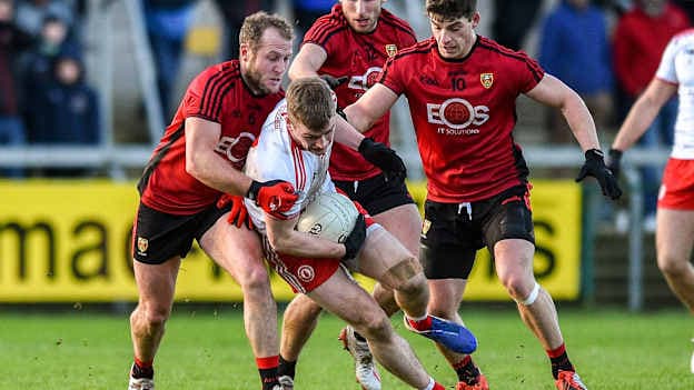 Brothers Darren and Barry O'Hagan pictured in action together for Down against Tyrone in the 2020 Dr. McKenna Cup semi-final. Also pictured are Down footballer, Conor Poland, and Tyrone footballer, Conall Grimes. Photo by Oliver McVeigh/Sportsfile