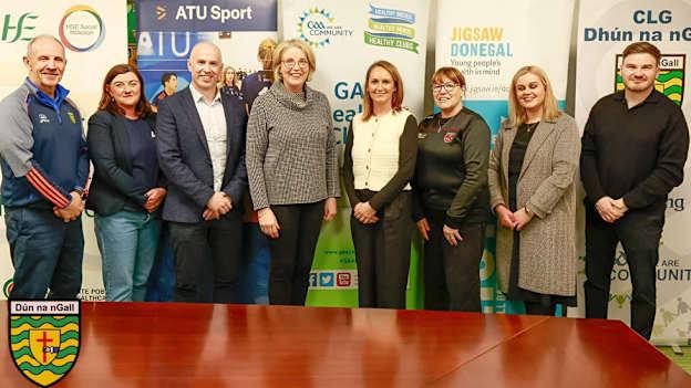 Pictured left to right are: Kevin Mills – H & WB Committee member, Sharon Ferguson – Student support services – Mental Health & well-being project officer, Rory McMorrow – Student Services Manager ATU, Mary Coughlan – Chairperson Donegal GAA, Cora Harvey – Chairperson Donegal GAA Health & Wellbeing Committee & Assistant Director of Nursing in HSE, Kathy Kelly – LGFA & H&WB Committee member, Donna McGee – Northwest Regional Alcohol & Drug Task Force Co-ordinator, Damien Coyle – Jigsaw Manager.
