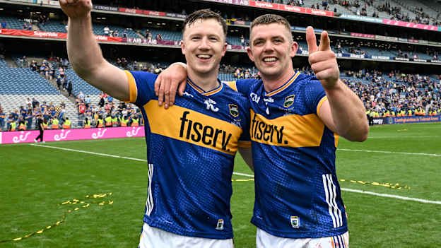Jake Morris, left and Tipperary captain Ronan Maher celebrate after the GAA Hurling All-Ireland Senior Championship final match between Cork and Tipperary at Croke Park in Dublin. Photo by Ray McManus/Sportsfile.