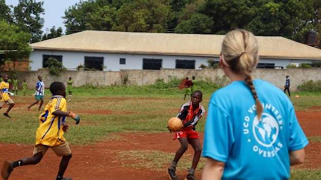 Ugandan children playing Gaelic Football earlier this summer. Photo by Ciara Crotty