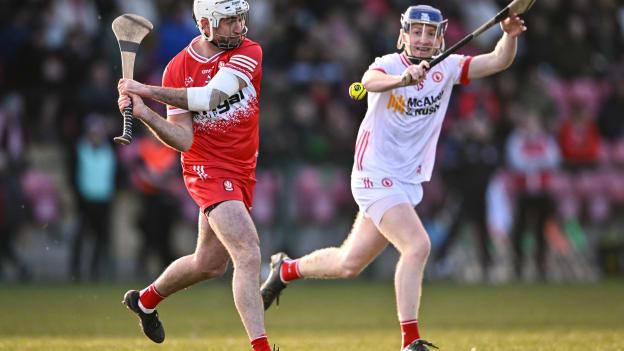 Mark Craig, Derry, and Joe McToal, Tyrone, in action during the Allianz Hurling League Division 2B Final. Photo by Ben McShane/Sportsfile