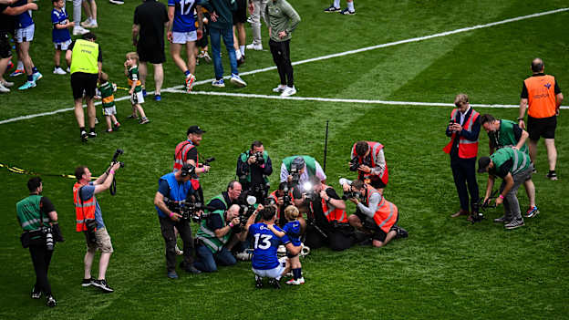 David Clifford pictured with his son Ógie following the All-Ireland SFC Final. Photo by Piaras Ó Mídheach/Sportsfile