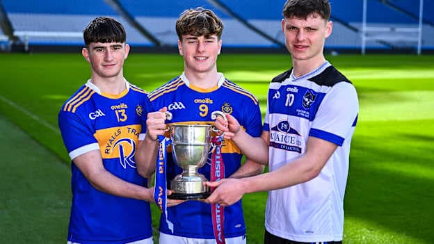 Eoghan Costello, left, and Cillian Hurley, joint captains of CBS, The Green, Tralee, Kerry, and Rían Collins, captain of St Patrick's College, Maghera, Derry, right, with the cup ahead of the upcoming Masita All Ireland PPS Paddy Buggy Hurling Final during the Masita All-Ireland Post Primary Schools Finals 2026 launch at Croke Park in Dublin. Photo by Piaras Ó Mídheach/Sportsfile.