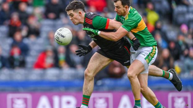 Ruaidhrí Fallon, St Brigid's, and Michael Warnock, Glen, in action at Croke Park.  Photo by Ramsey Cardy/Sportsfile