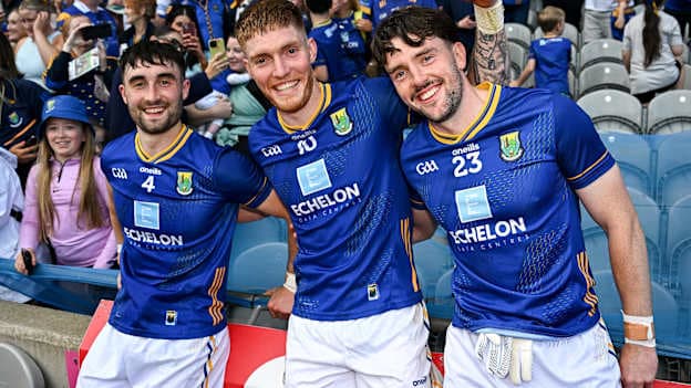 Wicklow players, from left, Malachy Stone, Jonathan Carlin and Jacques McCall after their side's victory in the Tailteann Cup semi-final match between Offaly and Wicklow at Croke Park in Dublin. Photo by Seb Daly/Sportsfile.