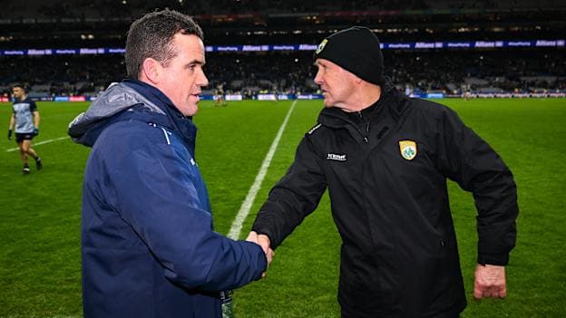 Dublin manager Ger Brennan and Kerry manager Jack O’Connor shake hands after the Allianz Football League Division 1 match between Dublin and Kerry at Croke Park in Dublin. Photo by David Fitzgerald/Sportsfile.