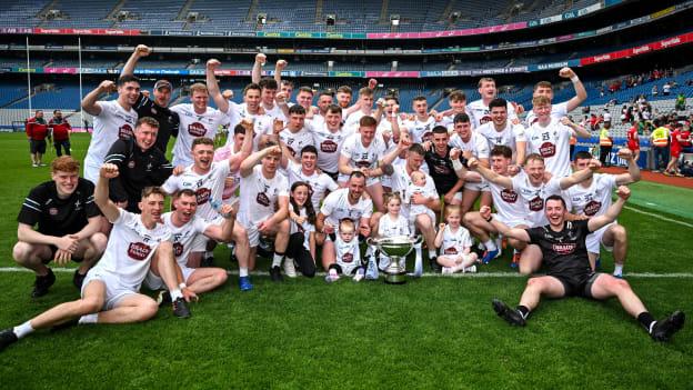 The Kildare players and officials celebrate with the cup after the Christy Ring Cup final match between Kildare and Derry at Croke Park in Dublin. Photo by Ray McManus/Sportsfile.
