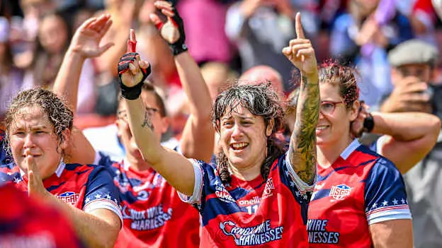 Nicole Gordon of South East celebrates after her side's victory in the Camogie International Cup Final Etty Kelly Cup match between South East and Coastal Virginia on day five of the FRS Recruitment GAA World Games 2023 at Celtic Park in Derry. Photo by Piaras Ó Mídheach/Sportsfile.