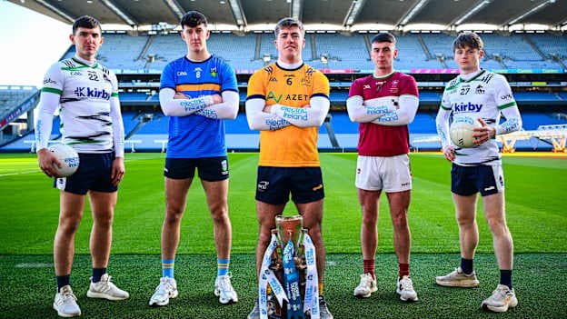 Ryan McNamara, UL, Barry McNulty, UC, Greg McEneaney, DCU Dóchas Éireann, Eoin Colleran, University of Galway, and Paddy O'Driscoll, UL pictured at the launch of the Electric Ireland Higher Education Championships at Croke Park. Photo by Shauna Clinton/Sportsfile 