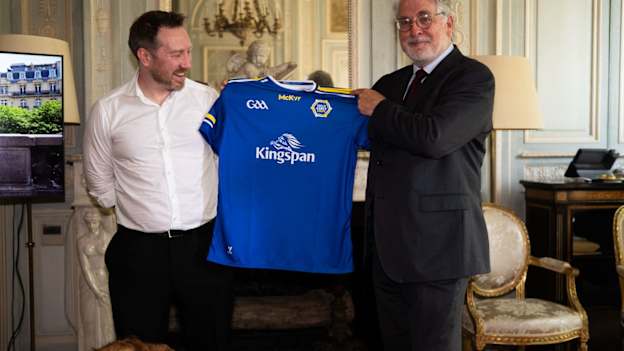 Pictured left to right at the announcement of Kingspan as Gaelic Games Europe's flagship sponsor are GGE Chairperson, John Murphy, and Irish Ambassador to France, Niall Burgess. 