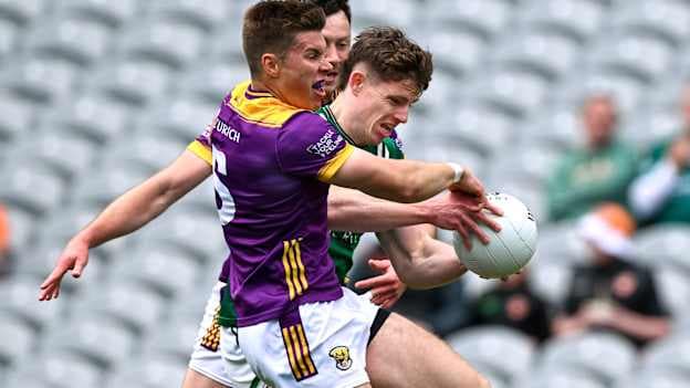 Darragh McGurn, Fermanagh, and Eoin Porter and Eoghan Nolan, Wexford, in Tailteann Cup action at Croke Park. Photo by Ray McManus/Sportsfile