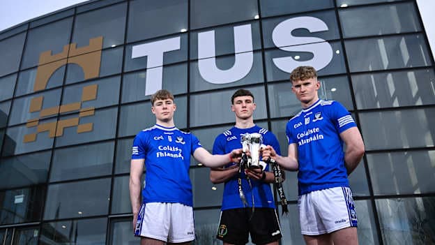 Team captains, from left, James Cullinan of St Flannans, Eoghan Doughan of Nenagh CBS and Harry Doherty of St Flannans with the Dr Harty Cup during a TUS Dr Harty Cup Hurling Final media event at TUS Moylish Campus in Limerick ahead of the Dr Harty Cup final match between St Flannans College and Nenagh CBS. Photo by Ben McShane/Sportsfile.