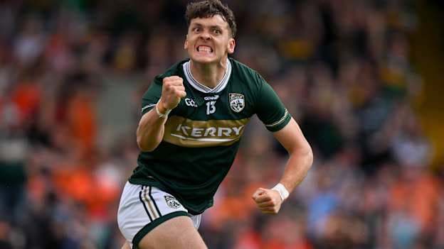 David Clifford of Kerry celebrates after scoring his side's first goal during the GAA Football All-Ireland Senior Championship Round 3 match between Kerry and Armagh at Fitzgerald Stadium in Killarney, Kerry. Photo by Brendan Moran/Sportsfile.