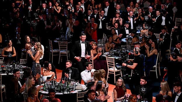 Limerick hurler Gearóid Hegarty makes his way to the stage to receive his PwC GAA/GPA Hurler of the Year award during the 2026 PwC GAA/GPA All-Star Awards at the RDS in Dublin. Photo by Seb Daly/Sportsfile.