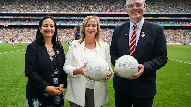 Catherine Martin TD, Minister for Tourism, Culture, Arts, Gaeltacht, Sport and Media with Helen O' Rourke Chief Executive Officer, Ladies Gaelic Football Association, and Jarlath Burns, President GAA pictured at Croke Park on Sunday. Photo by Ray McManus/Sportsfile