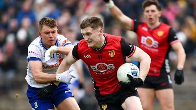 Odhran Murdock of Down in action against Joel Wilson of Monaghan during the Allianz Football League Division 2 match between Monaghan and Down at St Tiernach’s Park in Clones, Monaghan. Photo by Philip Fitzpatrick/Sportsfile.