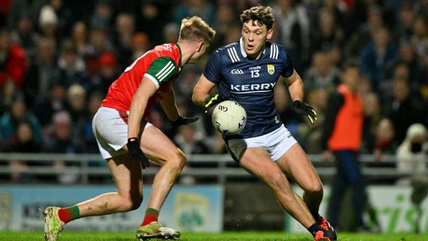 David Clifford, Kerry, and Rory Brickenden, Mayo, in Allianz Football League action. Photo by Brendan Moran/Sportsfile