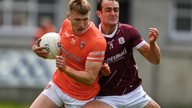Rian O’Neill of Armagh is tackled by John Maher of Galway during the GAA Football All-Ireland Senior Championship Round 3 match between Armagh and Galway at Markievicz Park in Sligo. Photo by Brendan Moran/Sportsfile.