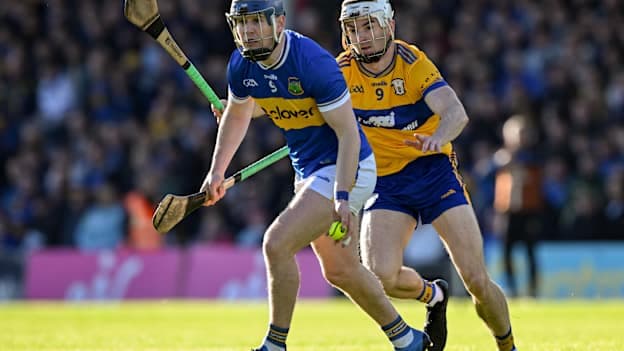 Alan Tynan, Tipperary, and Ryan Taylor, Clare, in Munster SHC action at FBD Semple Stadium. Photo by Ray McManus/Sportsfile