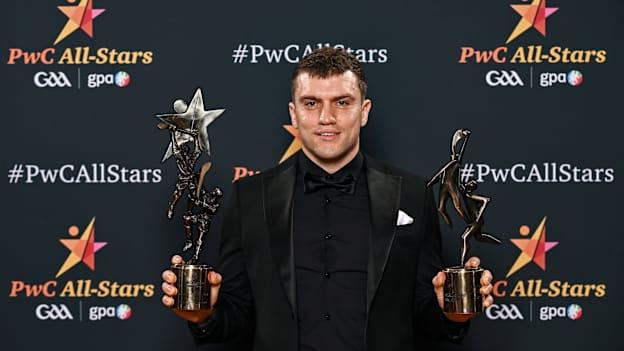 Clare's Shane O’Donnell of Clare with his PwC GAA/GPA All-Star Player of the Year and All-Star Awards during the 2024 PwC GAA/GPA All-Star Awards at the RDS in Dublin. Photo by Sam Barnes/Sportsfile