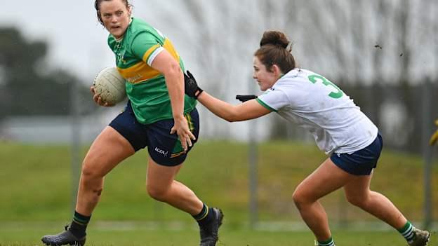 Michelle Guckian of Leitrim in action against Yvonne Lee of Limerick during the Lidl LGFA National League Division 4 semi-final match between Leitrim and Limerick at Pádraig Pearses GAA Club in Roscommon. Photo by Seb Daly/Sportsfile.